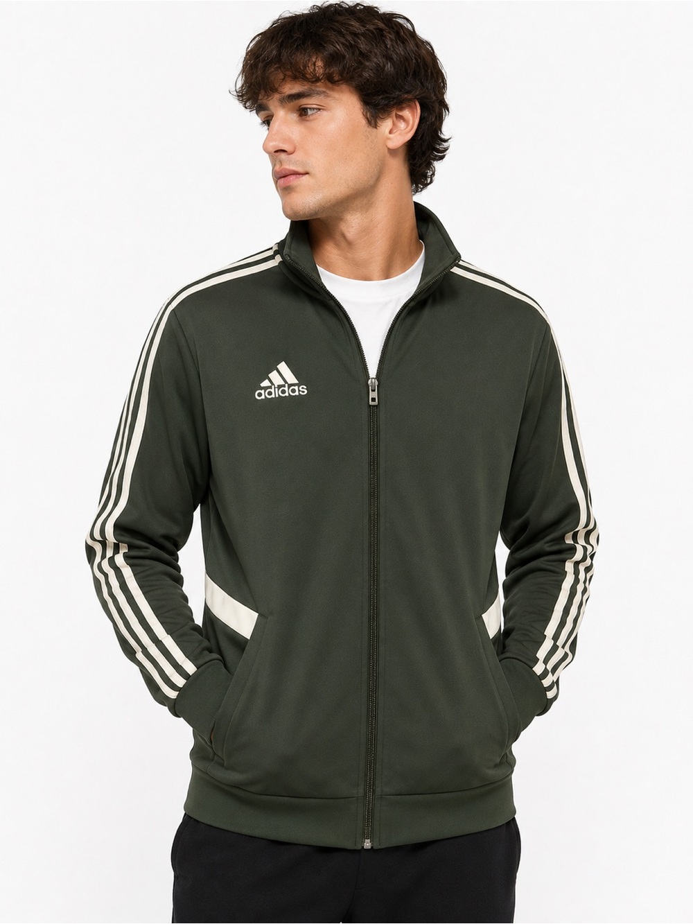 adidas Dark Olive Green Full-Zip Track Jacket with White Stripes